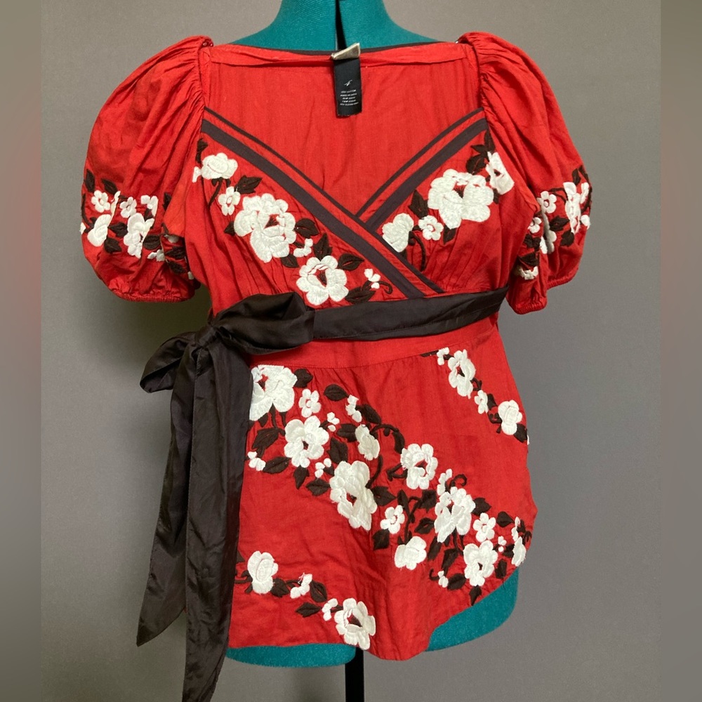 Orange embroidered crisscross neck top Lithe for Anthropologie Size 4 floral